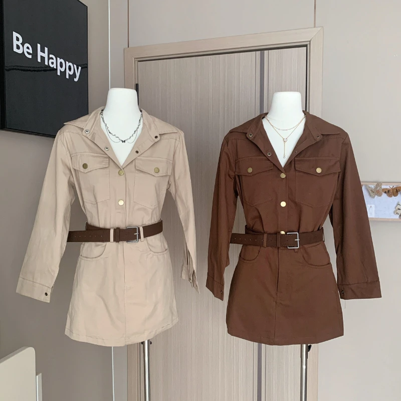 

American style fashion two-piece set women's spring and autumn lapel collar slim fit denim shirt+waist cinching A-line skirt