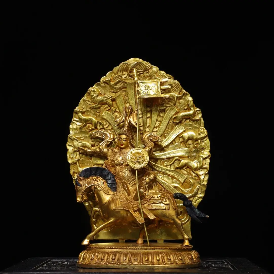 Tibetan King Gesar Warrior Protector Statue Full Gold Gilt Copper Home Altar Figurine Handmade