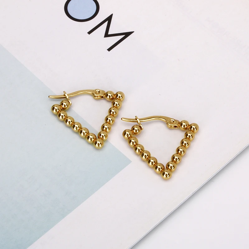 

Gold Color Stainless Steel Beads Small Hoop Earring for Women Triangle Elegant Ear Jewelry Fashion New