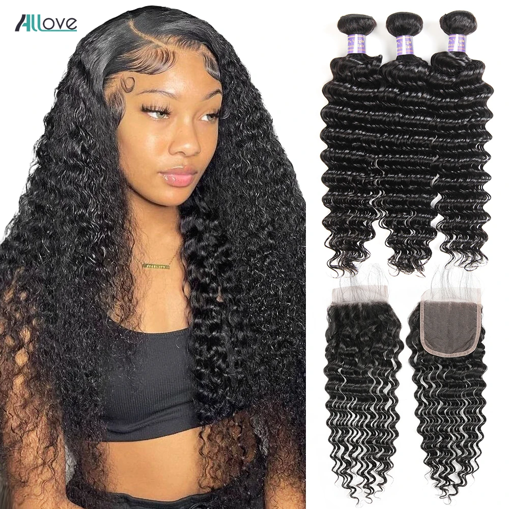 Allove Brazilian Deep Wave Bundles With Closure Middle Part Lace Closure With Bundles Non-Remy Human Hair Bundles With Closure