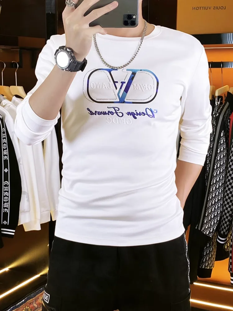 

Модальная футболка с длинным рукавом и круглым вырезом, облегающая, повседневная, для мужчин, модная осенняя новинка, с геометрическим узором, кофта.