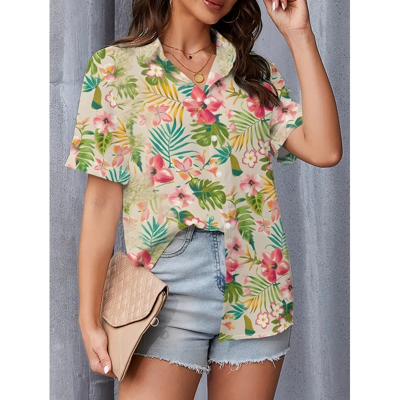 Women'S Short Sleeve Shirt Tropical Floral Print Pattern Casual Fashion Hawaiian Vacation Style Top