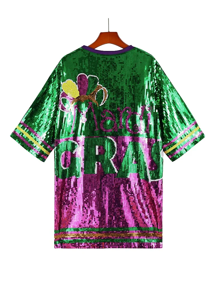 Robe de soirée à paillettes pour femmes, Mardi Gras Twin Jesters, tenue de carnaval, décontractée, manches courtes, t-shirt à paillettes