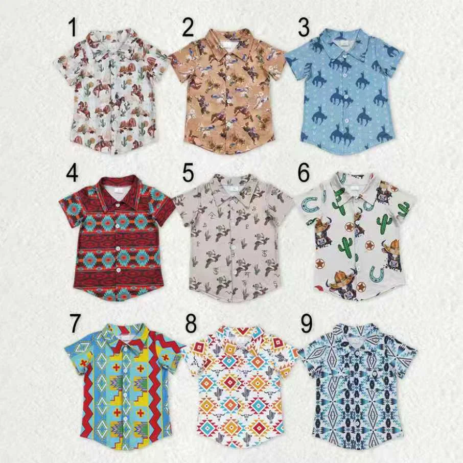 

z1117-11 BT1155 Wholesale baby boy clothes Matching Western Geometric Button Short sleeve top Toddler Summer Boutique boys Shirt