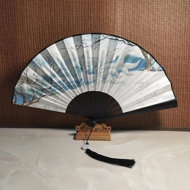 Handheld Folding Fan Elegant Chinese Vintage Painting Double Sided Hand Fan with Tassels for Dance Home Decorations