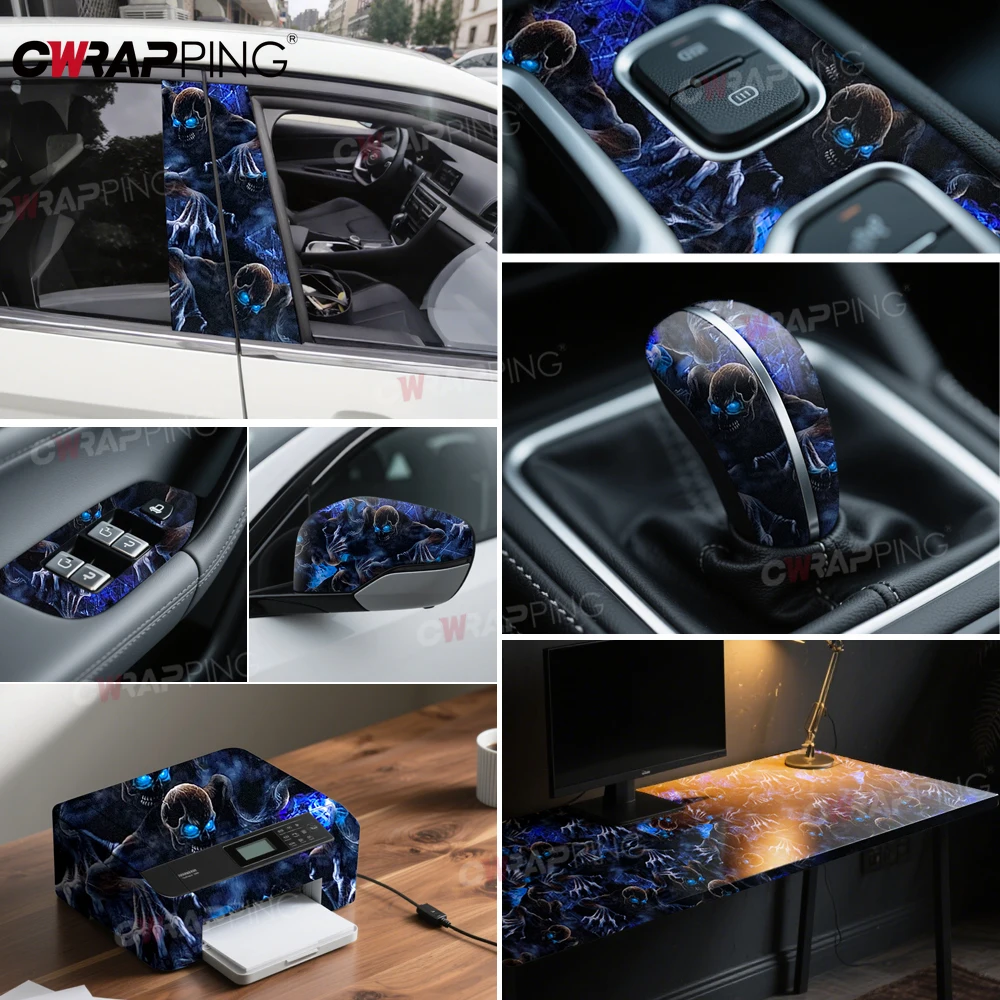 Autoaufkleber Automotive Vinyl Wrap Wasserdichte Abdeckung Air Release Folie Blauer Totenkopf Fahrzeugdekoration Selbstklebend für Autoteile