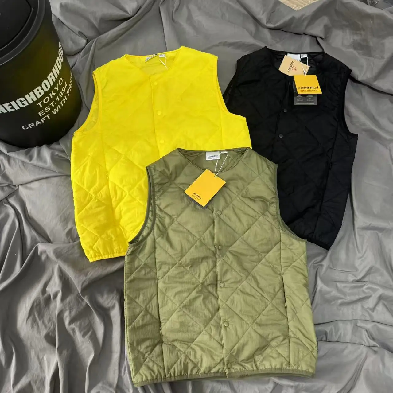Sleeveless Gramicci Knitt Rhombus Vest Jacket Japan Men Women High Quality Keep Warm Single-breasted Chic Cotton-padded Clothes