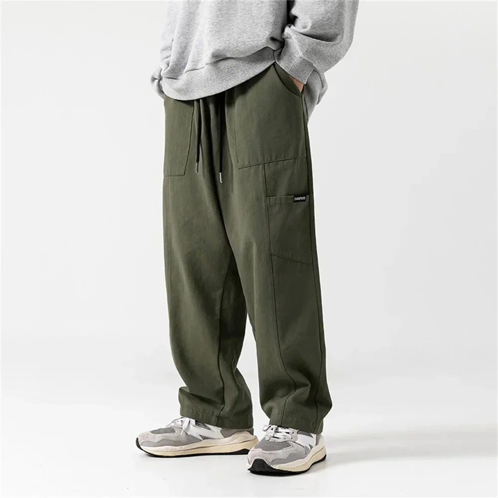 Men Casual Pants Mid Seam Splicing Design Side Patch Pockets Japanese Workwear Retro Spring Summer Drape Long Pants