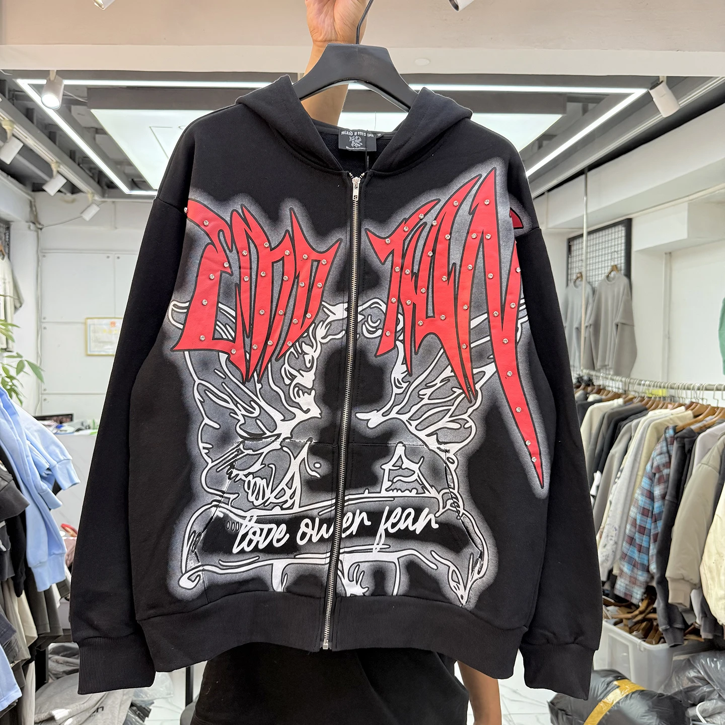 

American Heavyweight High Street Letter Print Diamond Embellished Zipper Open Cardigan Autumn Winter Loose Hoodie Sweatshirt
