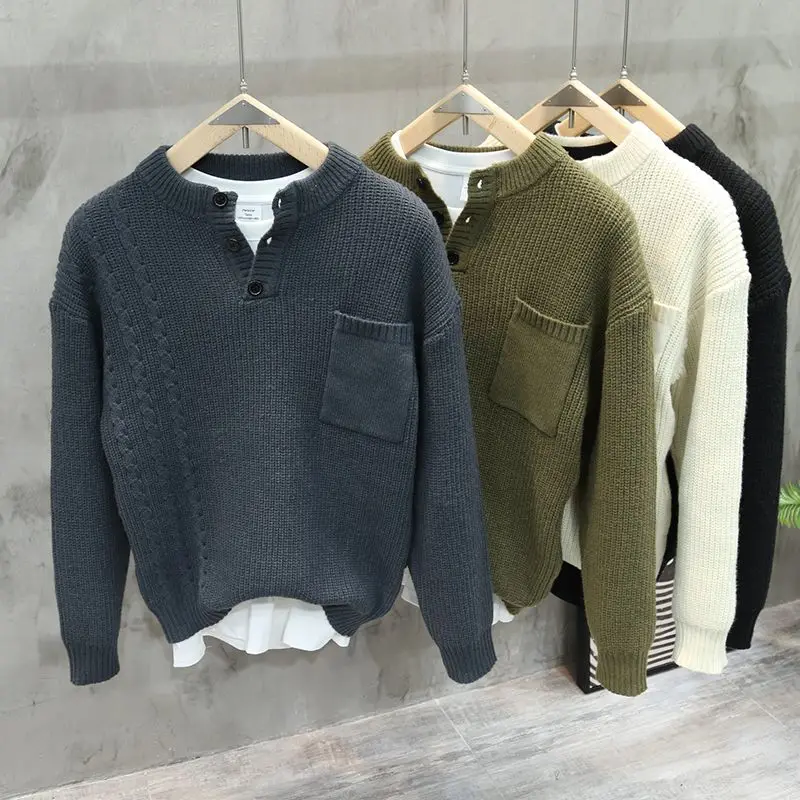 

Juspinice American Retro Henry Collar Pullover Knitted Sweater Men's Autumn Pocket Design Loose Casual Fashionable Solid Sweater