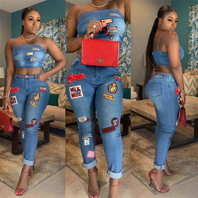 Fashion Women\'s Jeans Set Sexy Off Shoulder Strap Camisole Tops and High Waist Skinny Jean,Cartoon Sticker Jeans Casual Set