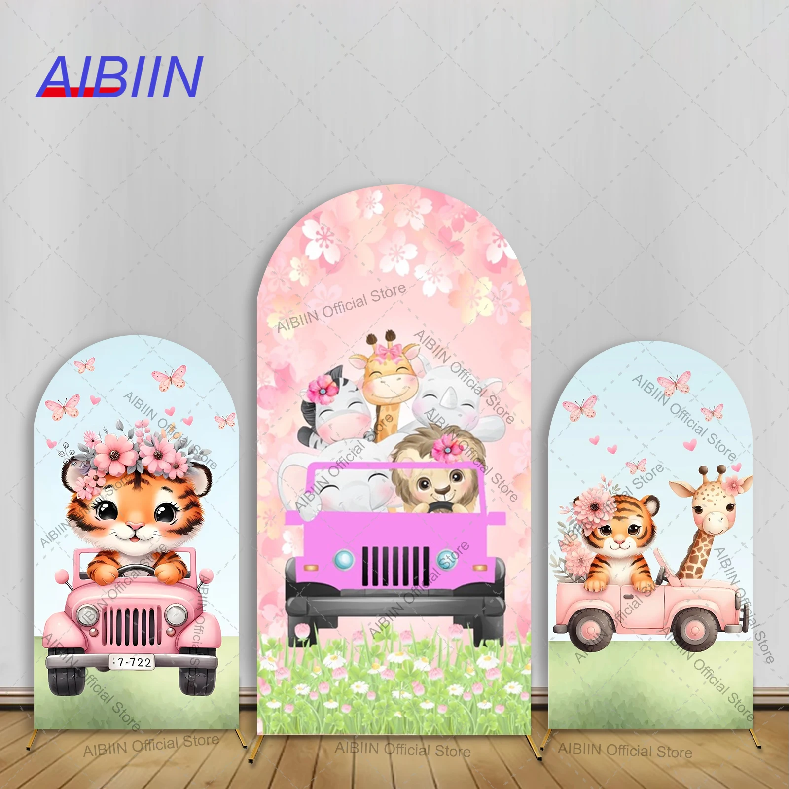 

Animals Driving a Car Birthday Arch Backdrop Cover Tiger Zebra Floral Butterfly Jungle Safari Kids Baby Shower Cake Party Decor
