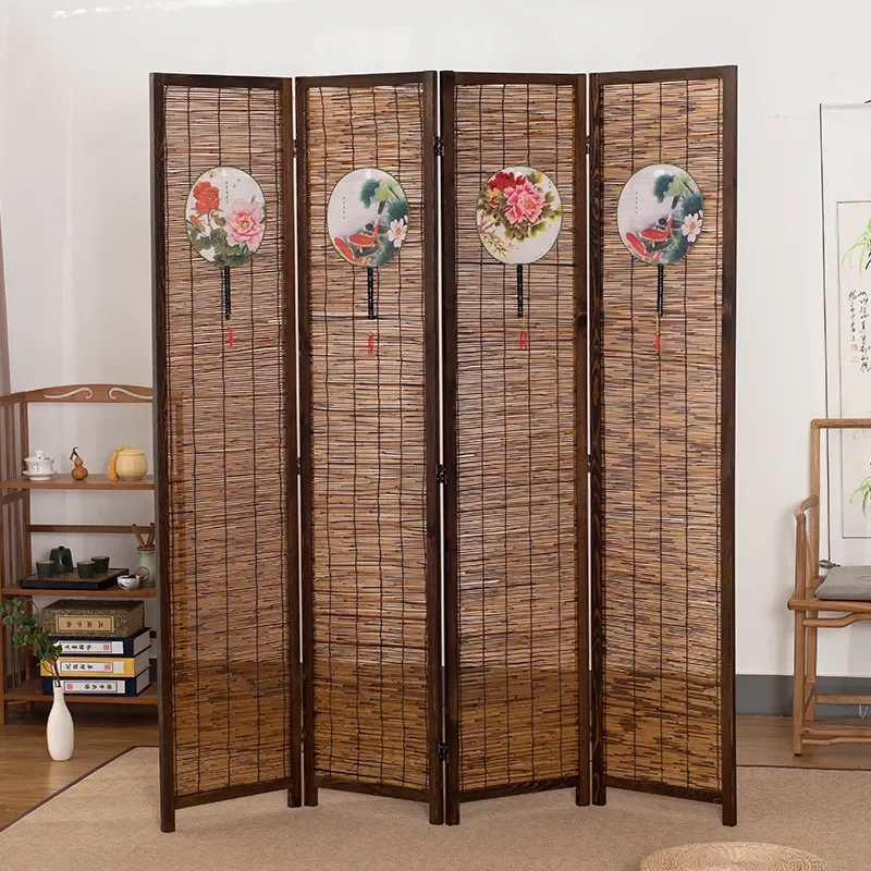 New Chinese Reed Screen Partition Wall Folding Mobile Retro Style for Living Room Hotel Restaurant Entrance Home Decor