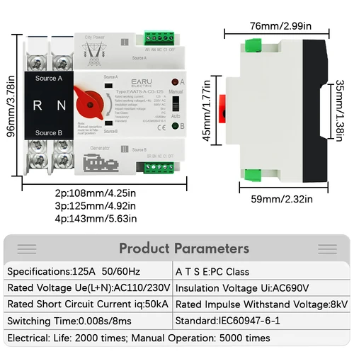 Imagen 2 del producto Carril Din 2/3/4P AC 110V 230V 125A Mini ATS Doble potencia interruptor de transferencia automática interruptores selectores eléctricos energía ininterrumpida