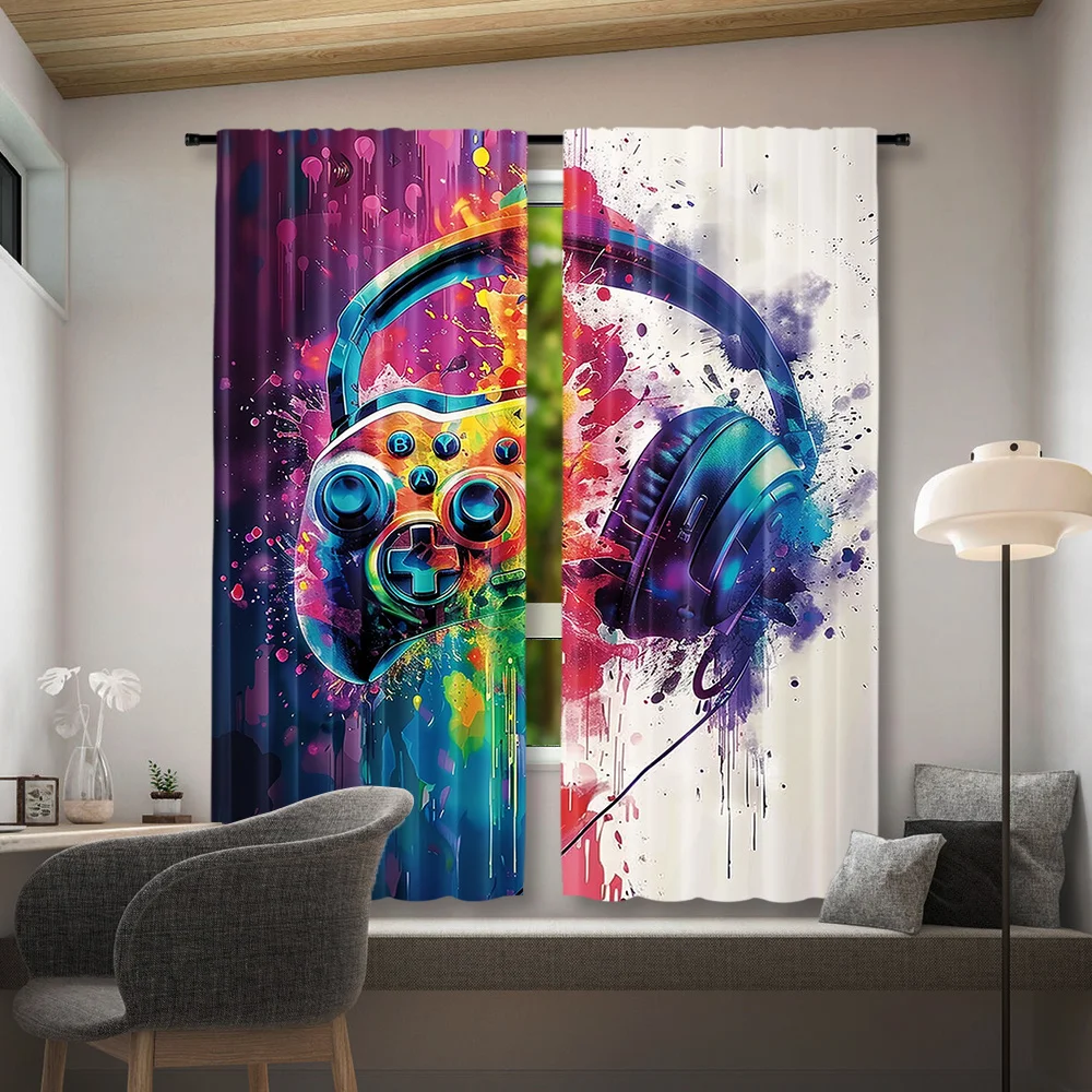 Gaming Controller Curtains Headphone Art Window Drapes Tech Design Home Decor Gamer Theme Living Room