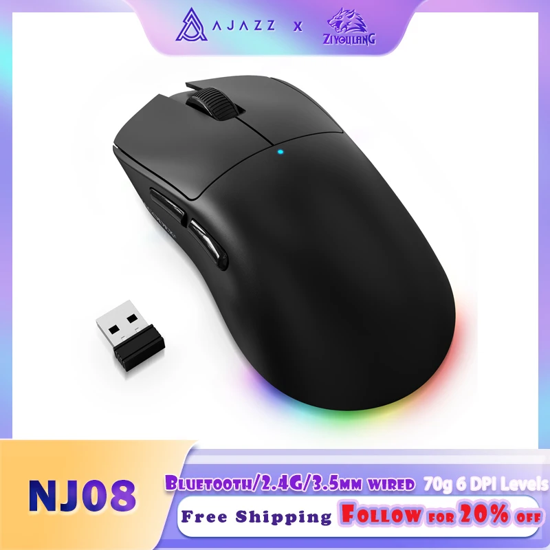 Tri-Mode Wireless Gaming Mouse, 2.4G USB & Bluetooth & Wired, 70g Lightweight Mouse, 12800 DPI，RGB Light, 300mAh Battery