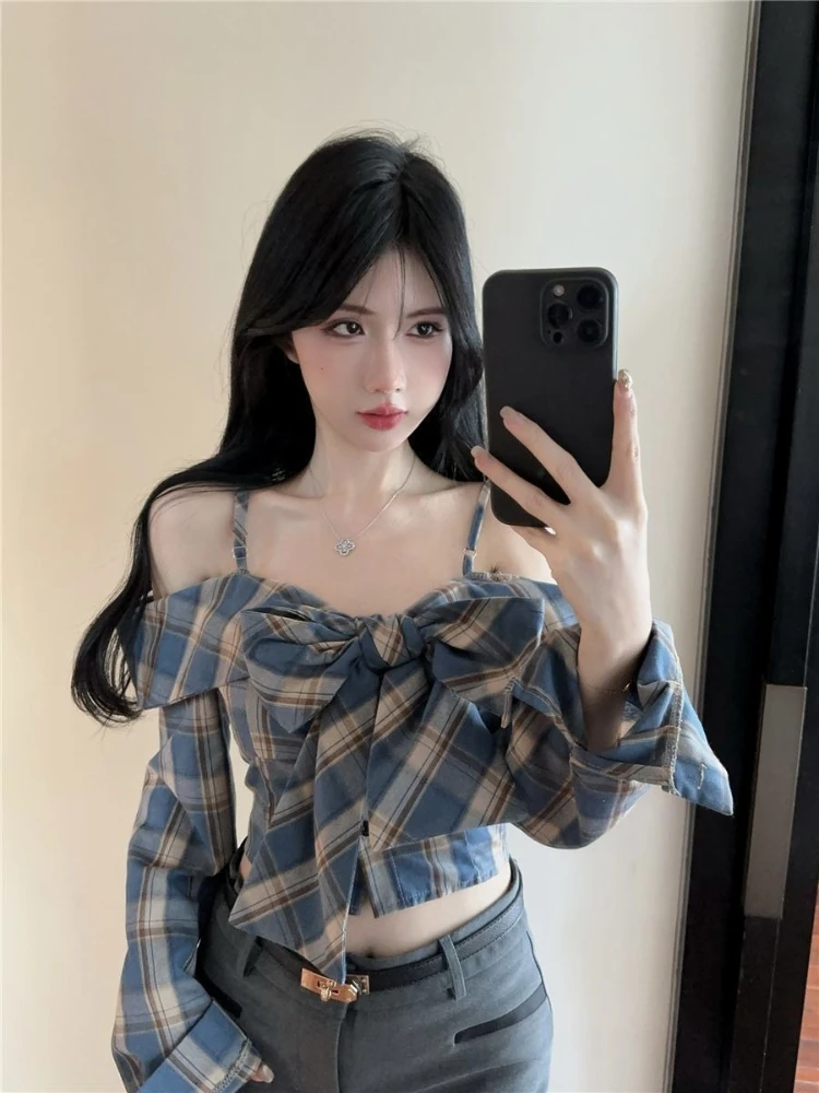 

Женский винтажный кардиган с бантом и открытыми плечами, в клетку, с длинными рукавами, на раннюю осень, короткая рубашка, сексуальный, стройнящий, шикарный