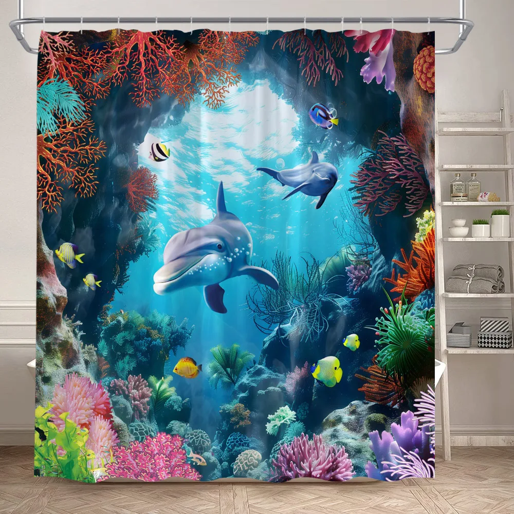 Ocean Animals Sea Turtle Shower Curtains Tropical Fish Coral Underwater Nature Scenery Child Bath Curtain Home Bathroom Decor