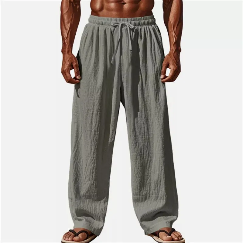 

2026 New Men Cotton and Linen Casual Pants Simple and Comfortable Straight Leg Pants Waist Drawstring Plus Size Looser S-5XL ﻿