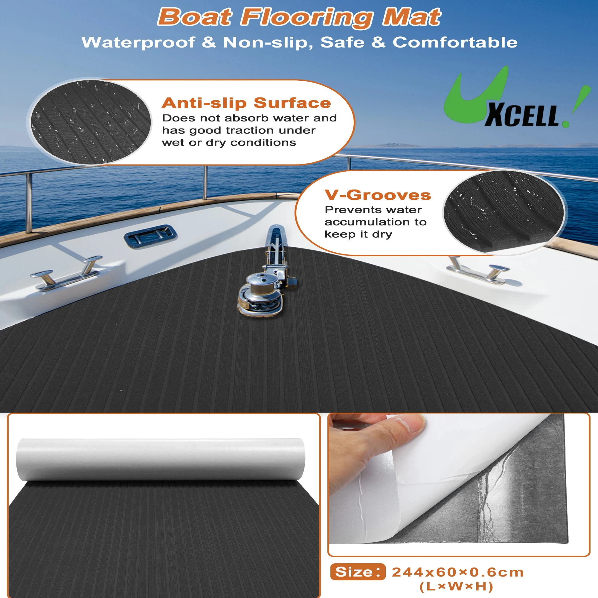 

UXCELL Self-Adhesive 244x60x0.6cm Boat Flooring Sheet EVA Foam Sheet Non-Slip Traction Pad for Boats Decking Surfboard Black