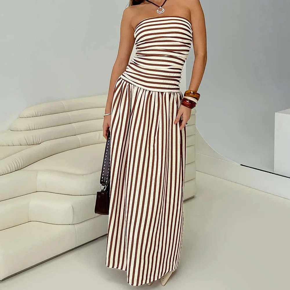 

Sexy Dress Women Strapless Pullover Striped Dresses Sexy Vestidos Summer 2025 Loose Y2k High Waist Slight Strech Hollow Casual