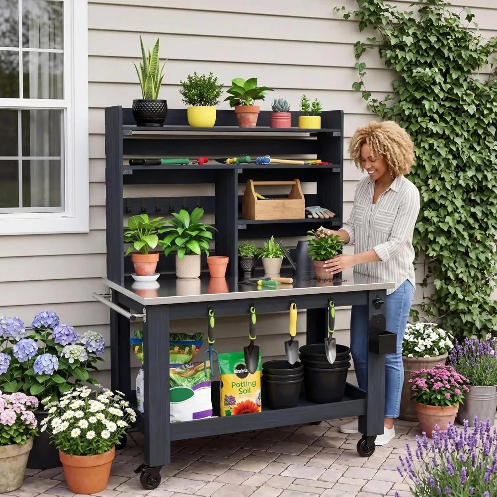 

Potting Bench Table Large Outdoor Kitchen Island Prep Station with Stainless Steel Top Waterproof Cover, Hardwood, Customized