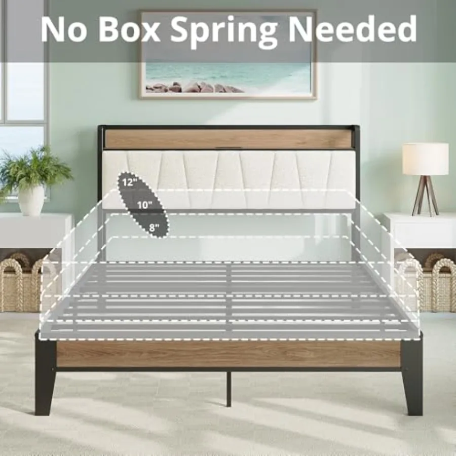 إطار سرير كوين مع لوح رأسي للتخزين المتكامل ومحطة شحن مدمجة لغرف النوم الحديثة وبناء خشبي متين #6