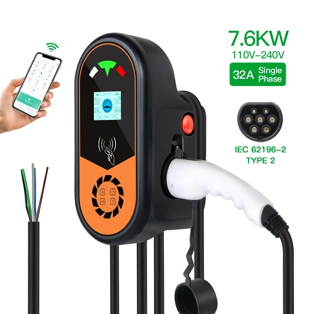 ECO EV Charging Station Type2 IEC62196-2 Plug 7.68KW 32A 1P with App Version Wallbox Charger 5m Cable Electric Vehicle Car