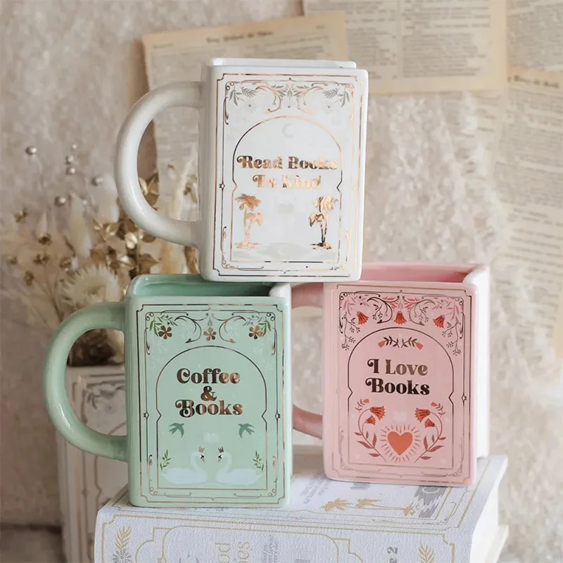 Virtues Book Shaped Ceramic Coffee Handled Mug Pink White Green Coffee Milk Water Cup Home Office Camping Drinkware Barware Gift
