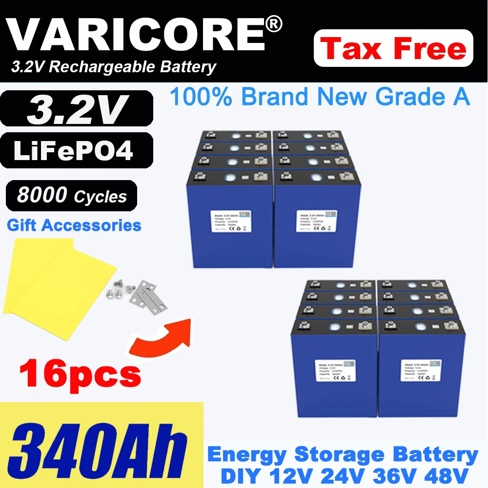 16 قطعة 3.2 فولت 360 أمبير 320 أمبير 340 أمبير 280 أمبير 105 أمبير Lifepo4 بطارية قابلة للشحن ليثيوم فوسفات الحديد الشمسية 12 فولت 24 فولت 36 فولت خلية خالية من الضرائب