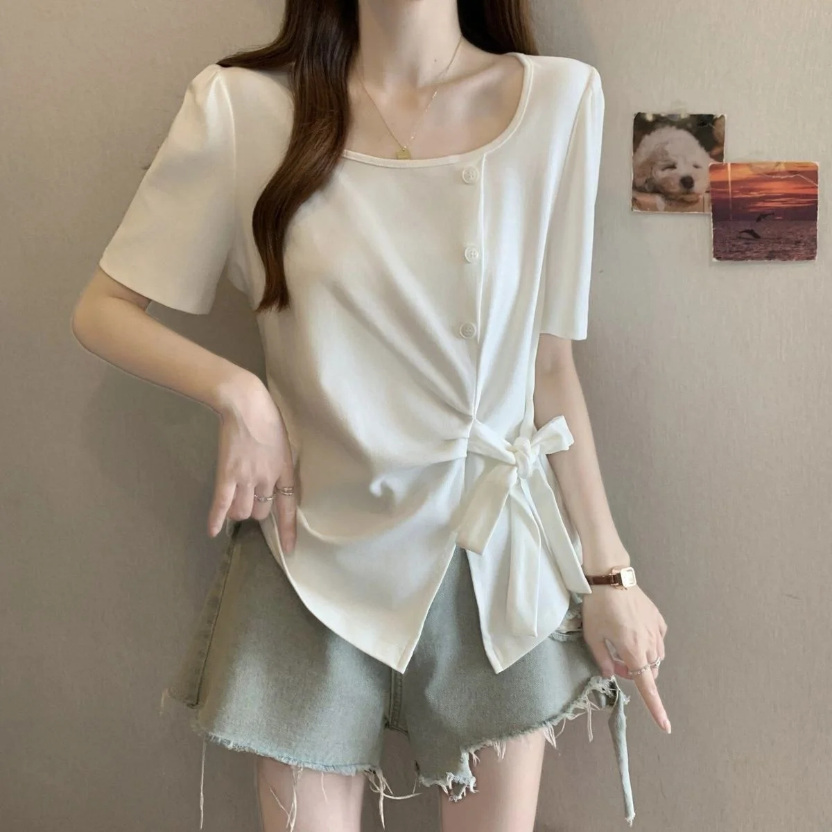 

Loose U-Neck Short Sleeve T-Shirt plus Size Summer Style Women's Fashion High Waistband Split Button Design Breathable Cotton