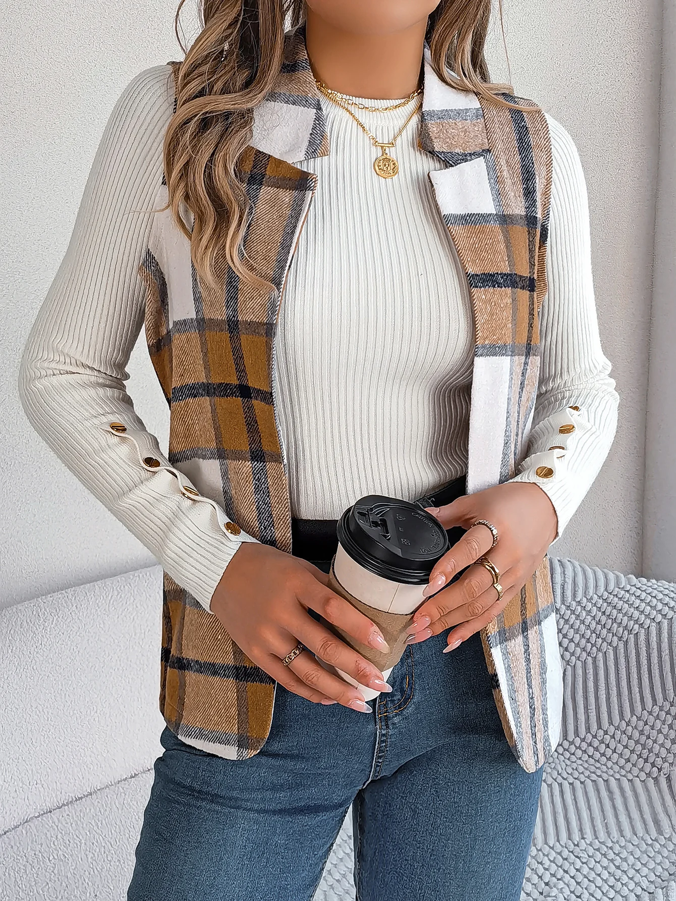 Autumn Winter Casual Plaid Sleeveless Woolen Jacket Vest Women Coats