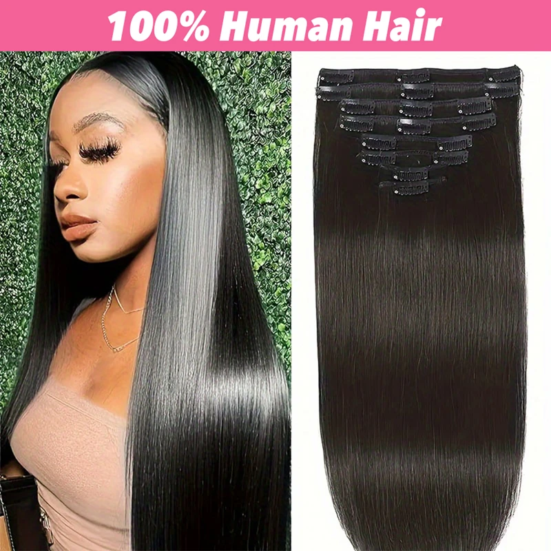 Extensions de cheveux humains à clipser, vrais cheveux raides, 120 cheveux humains brésiliens Remy, 22-24 pouces, 100% g