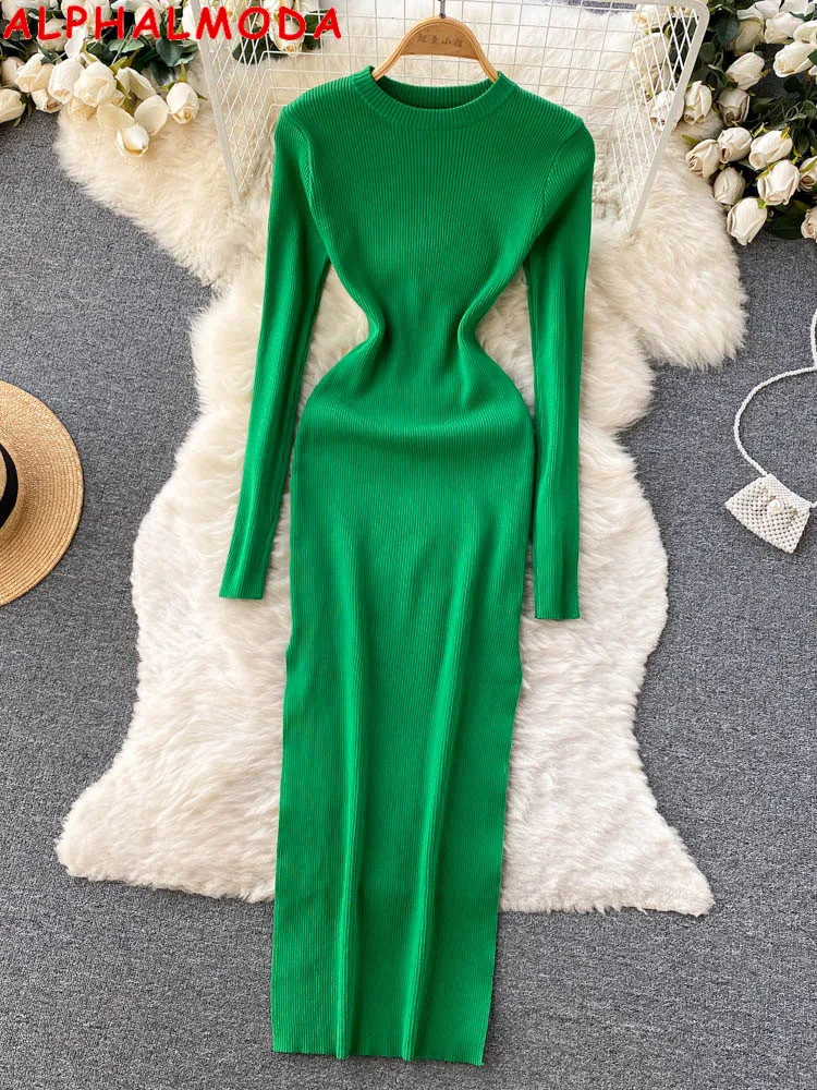 

ALPHALMODA 2022 Autumn New Arrival Long-sleeved Side Slit Pullovers Women Solid Knitted Dress Mid-calf Ladies Slim Bottom Dress