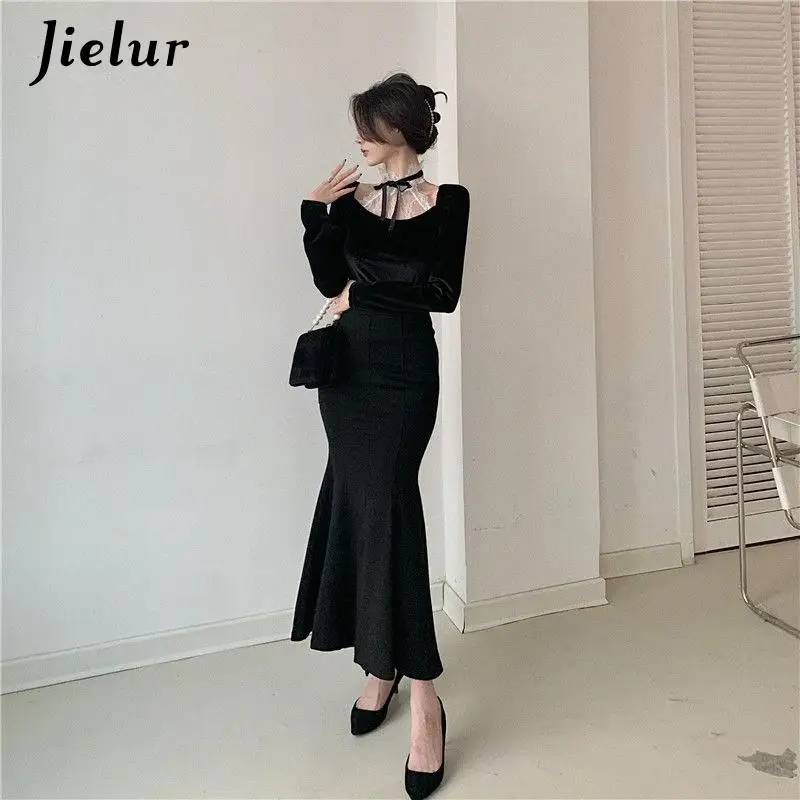 Jielur manica lunga retrò Slim top donna Design in pizzo moda coreana camicetta Vintage nera Office Lady Evening Party 2022 primavera