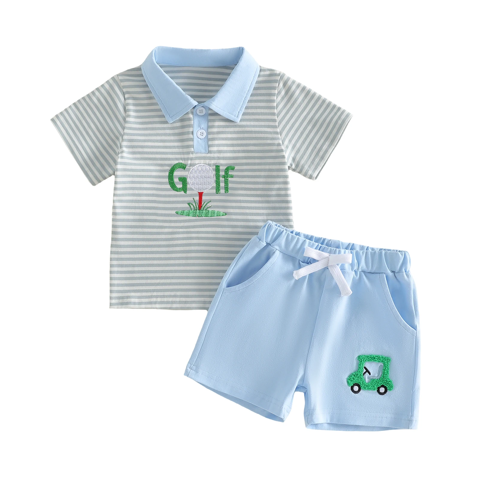 

Милый летний комплект детской одежды: стильная полосатая рубашка с вышитым теннисным логотипом и шорты для мальчиков и девочек