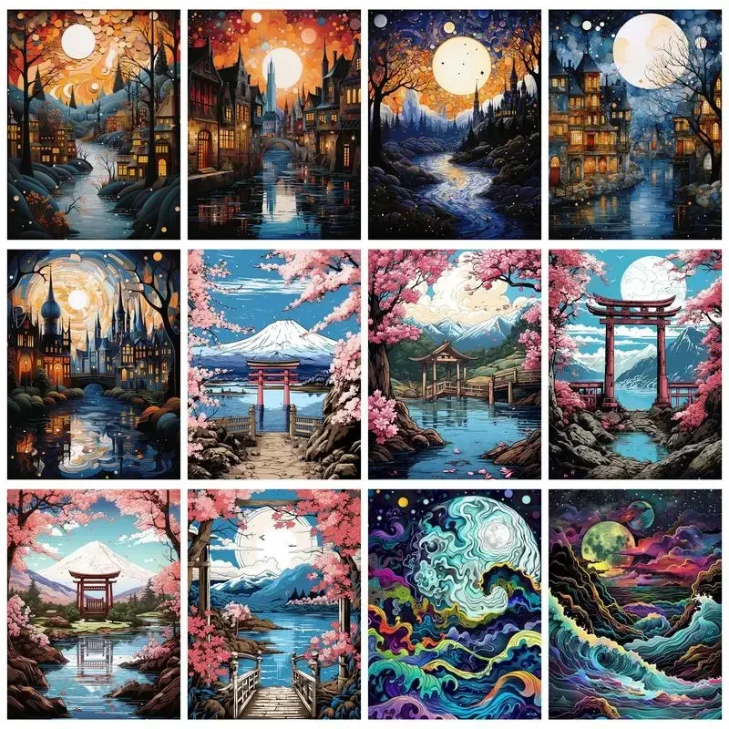 

120410 Painting By Numbers Kit With Frame Buildings Under The Moon Painting Paint Wall Art Painting Home Decor