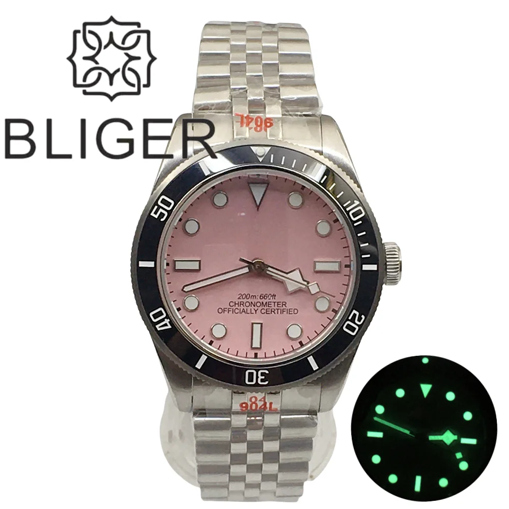 BLIGER 39mm Dive Watch NH35 Automatic Mechanical Pink Dial apphire Ceramic Insert Rotating Luminous Waterproof Fashion Watch