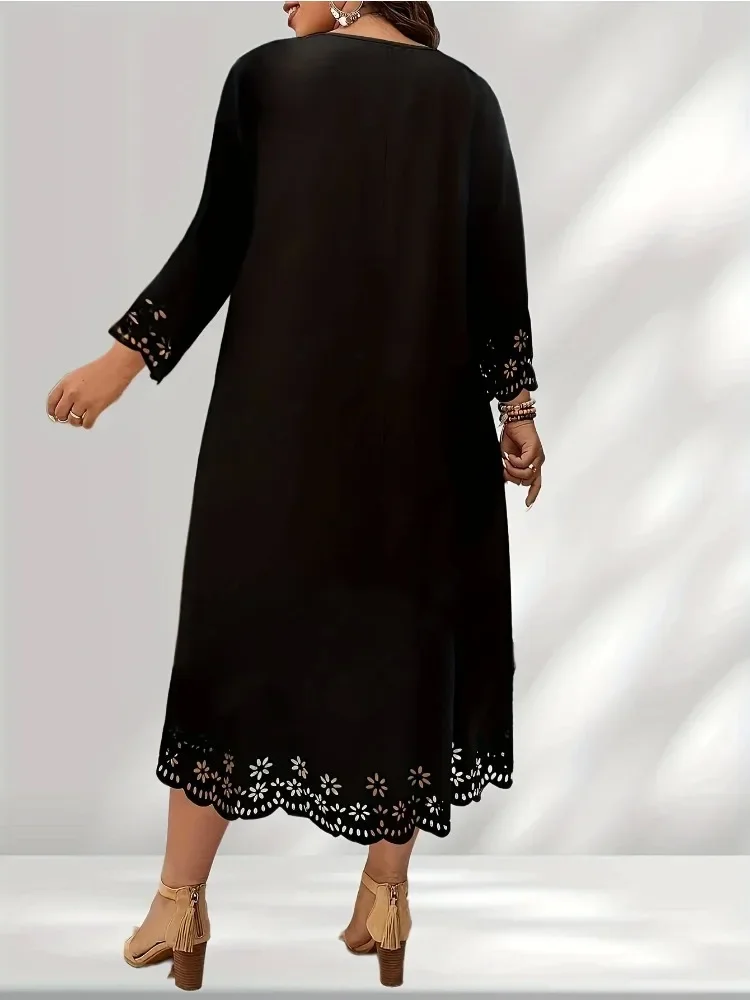 Women\'s 1XL-5XL Plus Size New Round Neck Long Sleeve Dress Fashion Hollow Solid Color Dress Casual Loose Dress Women
