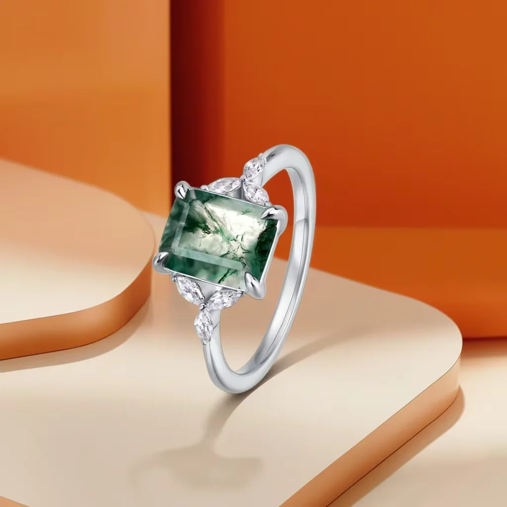 

Emerald Cut Moss Agate Engagement Ring for Women Natural Green Gems Accented Ring for Party Anniversary