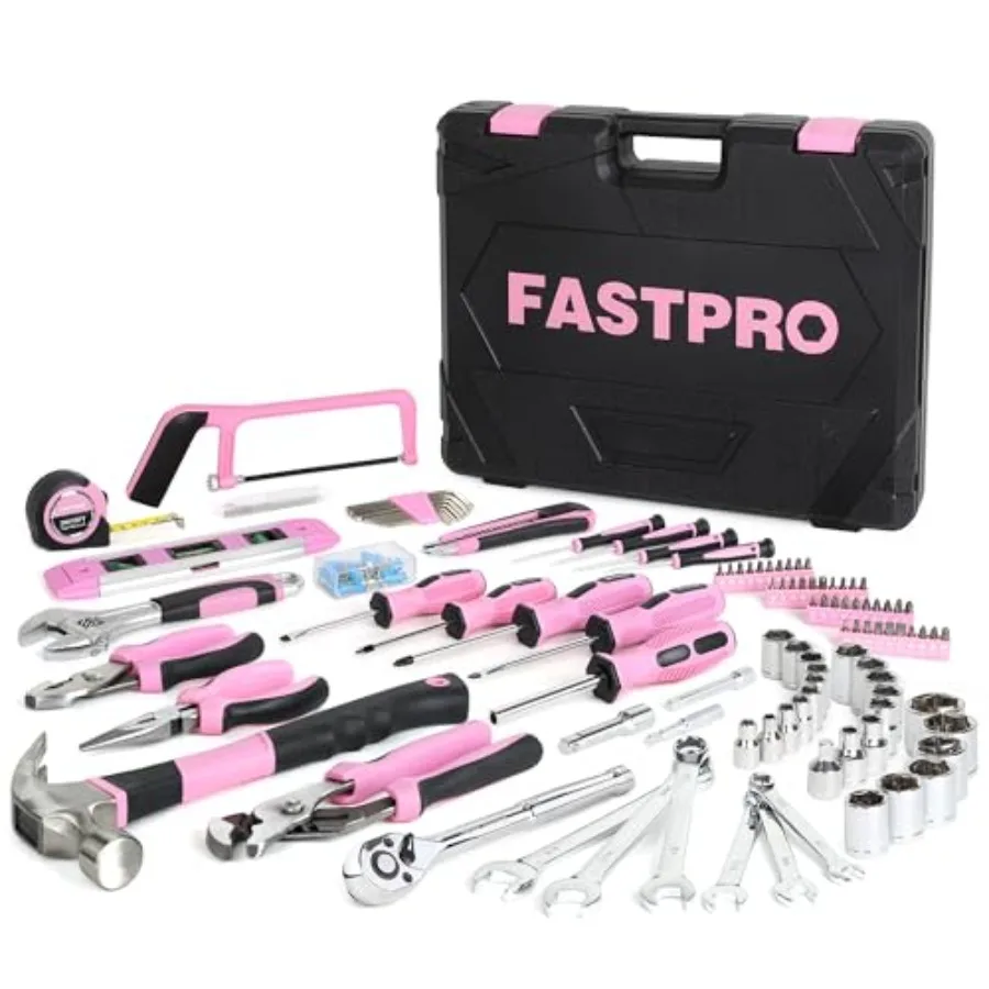 

198-Piece Pink Tool Set Household Repairing Tool Set with Toolbox SAE Mechanics Hand Tool Kit for DIY Home Maintenance