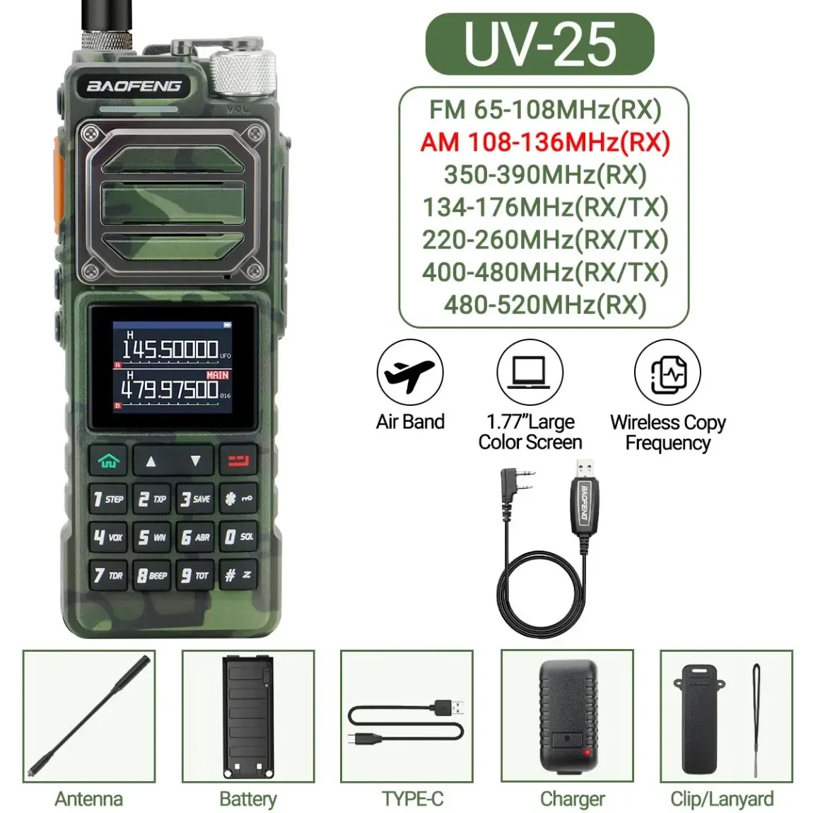 

Baofeng UV-25 Air Band Walkie TalkieS Long Range UHF VHF Wireless Copy Frequency NOAA Type-C Charge AM Ham Two Way Radio UV-21