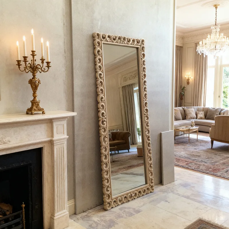 French retro wood carved floor-to-ceiling full-body mirror European-style old