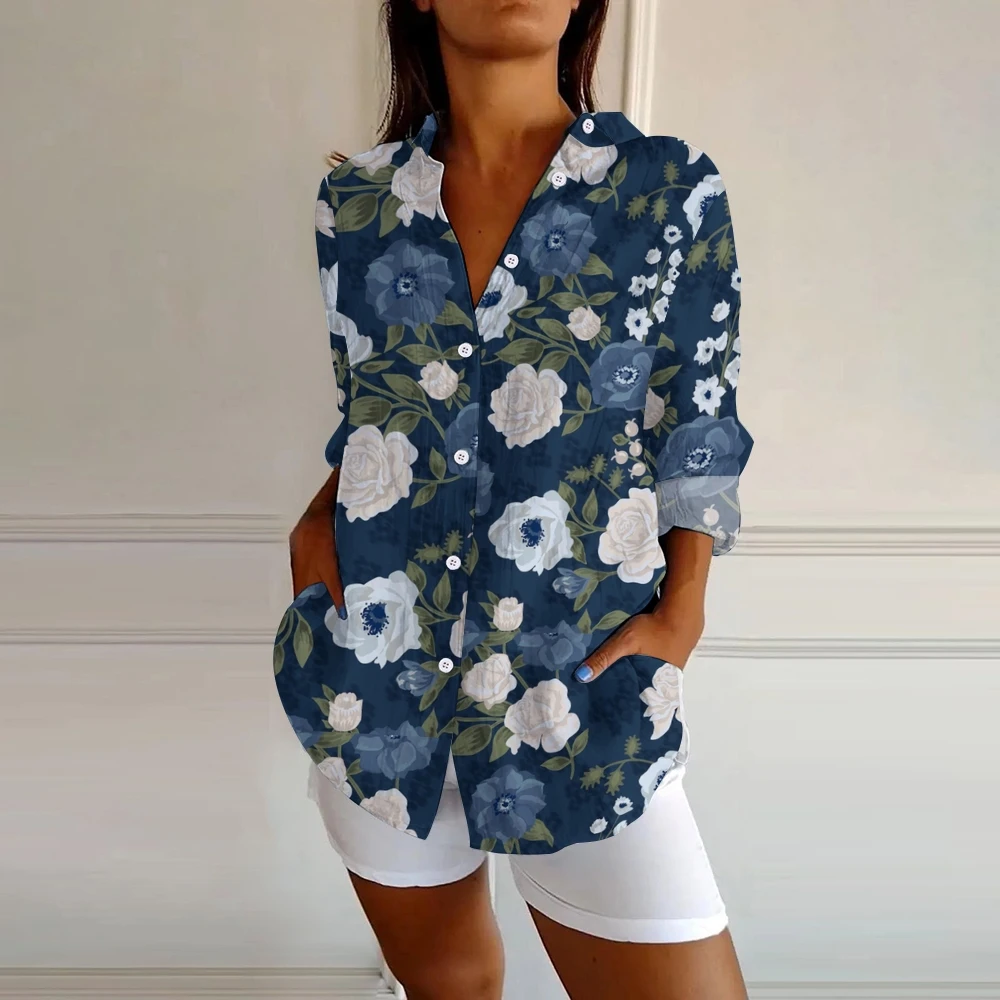 Diepblauwe bloesems elegante bloemen bedrukte revers button-down shirt chique Vogue stijlvolle bloemenpatroon shirt top dames boho outfit