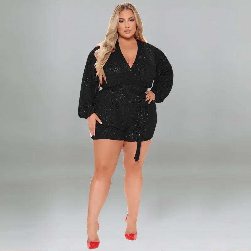 KEXU Sequins Belt Waist Wrap V-neck Long Sleeve Short Jumpsuit Plus Size Women One-piece Suit Sexy Party Street Romper Playsuit