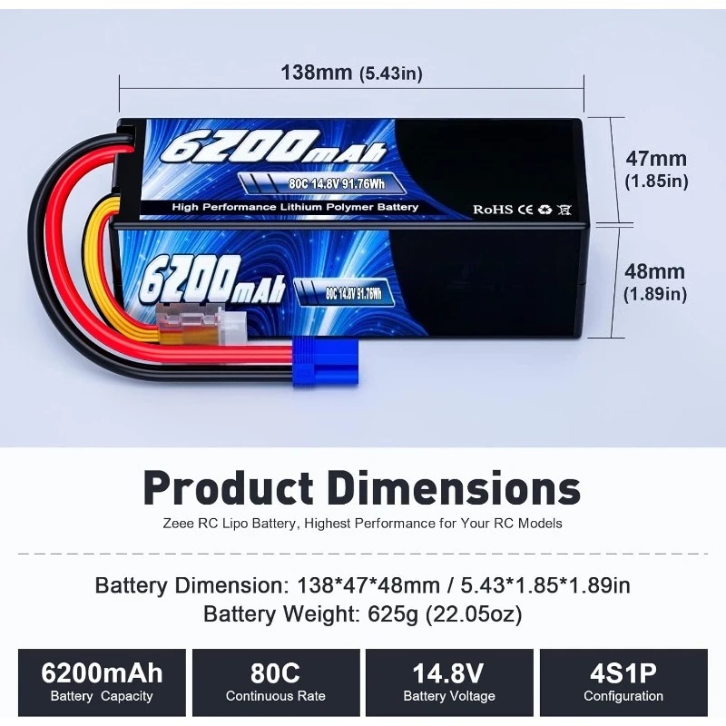 

4S Lipo Battery 6200 мАч 14,8 В 80C Жесткий корпус с разъемом EC5 для автомобиля, грузовика, танка, радиоуправляемого багги, гоночного хобби (2 упаковки)