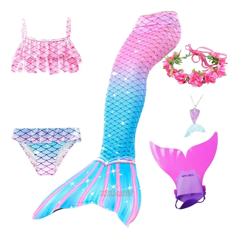 Girls swimmable mermaid tail costume cosplay swimsuit Halloween dress set with fin kids monofin for swimming clothes red bikini