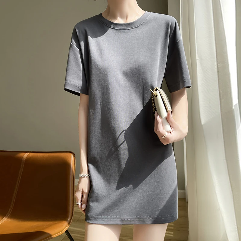 New Cotton T-shirt With Round Neck And Short Sleeves In Summer Of 2025 Women's Long Loose Plus Size Shirt Simple And Versatile