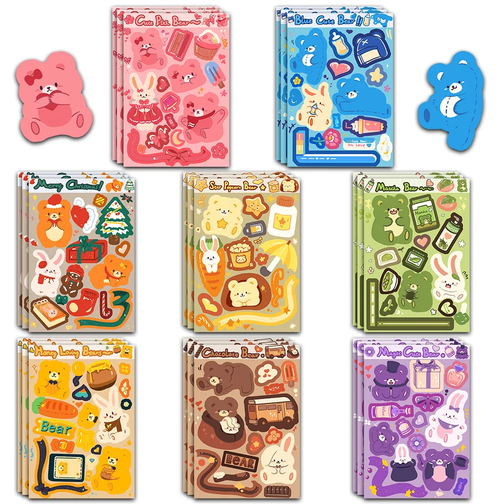 8PCS Honey Bear and Radish Rabbit Graffiti Collage Scrapbooking Collage Material Phone Notebook Wall Frame DIY Stickers