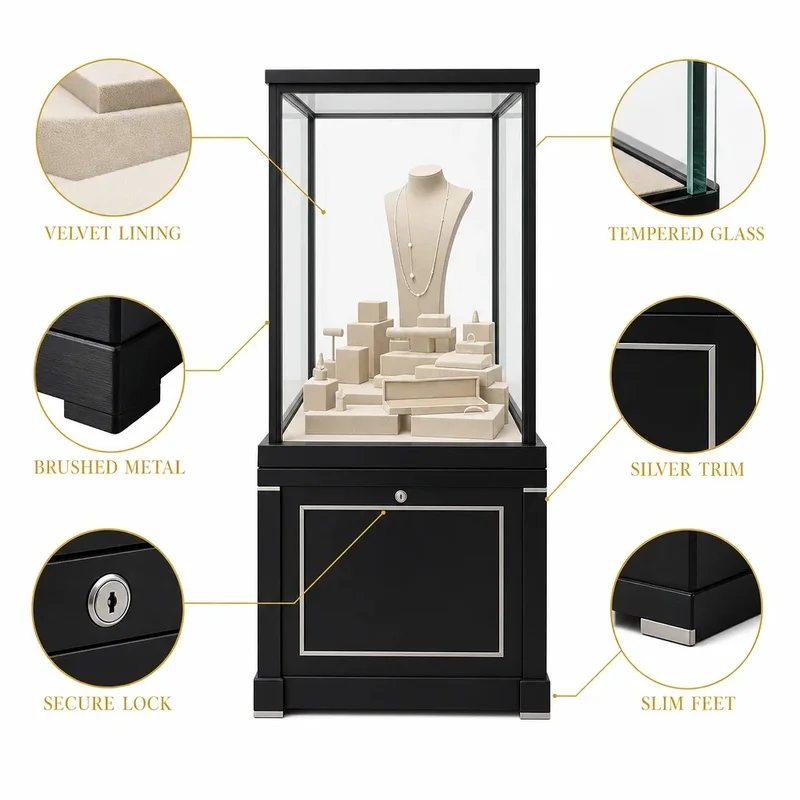 custom.Luxury Black Steel & Gold Jewelry Store Display Set, Complete Turnkey Fixture Package with Central Showcase & Wall Cabine